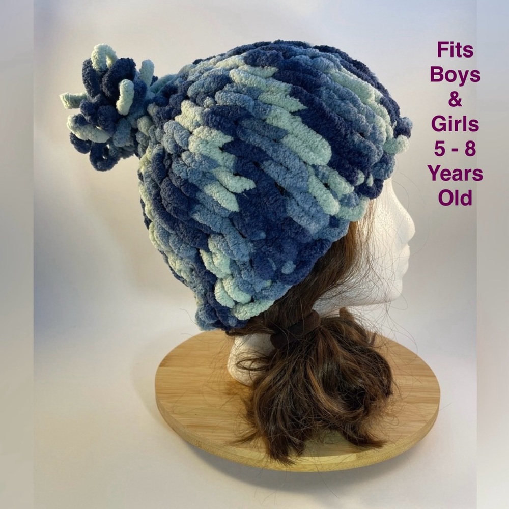 Handmade Kid’s Super Soft & Cozy Winter Hat With Loopy Pom-Pom - Variegated Blue